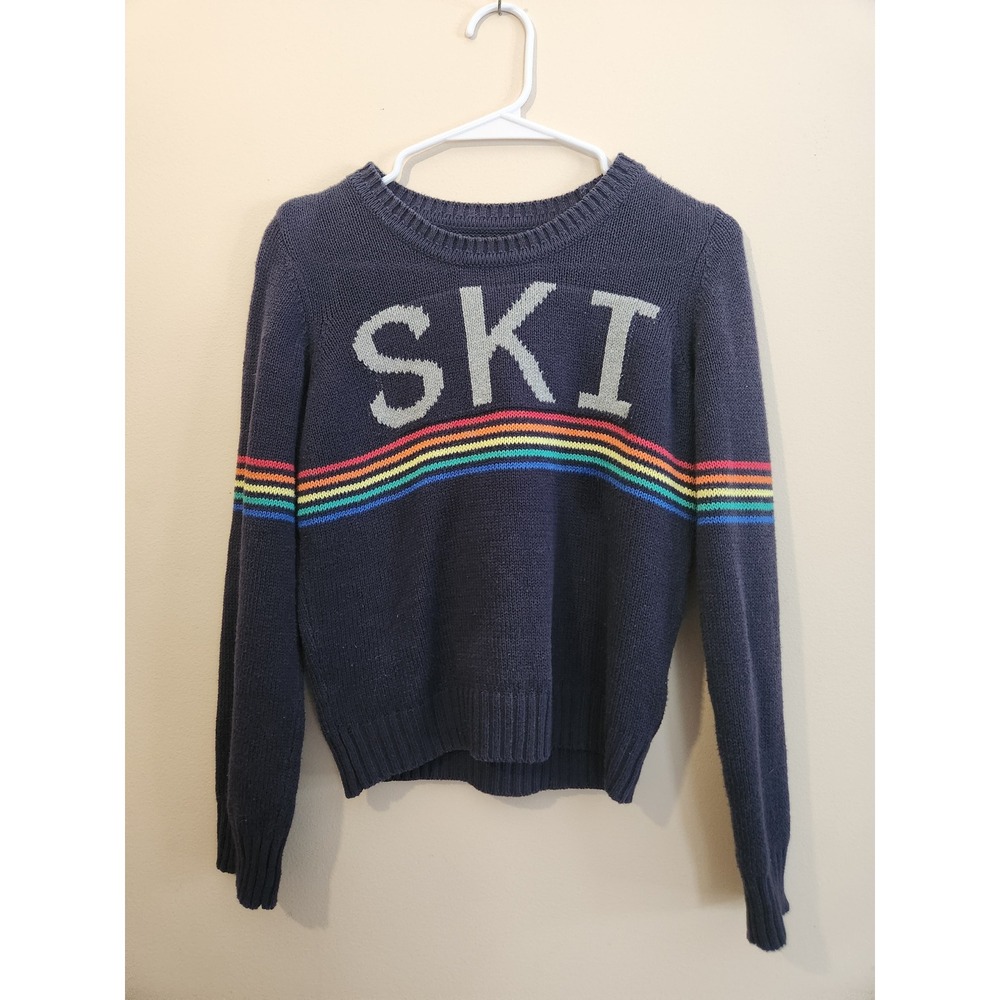 Chaser Womens Ski Rainbow Stripe Knit Sweater Navy Blue XS Retro Apres‎ Ski